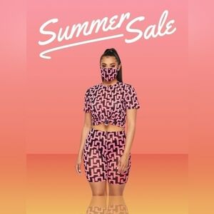 Two piece mesh biker summer sexy hot pink with black matching shorts set medium